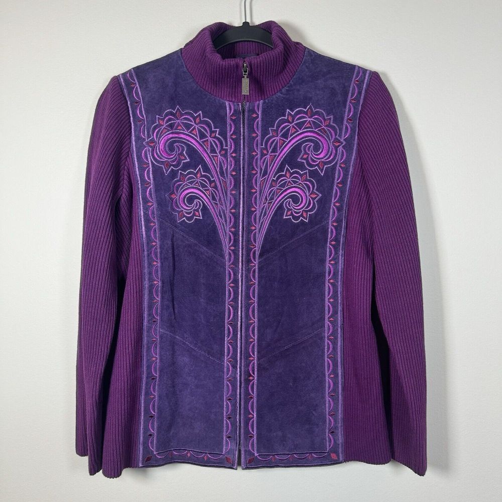 Bob Mackie Suede Embroidered Jacket Purple Knit Trim‎ Zip Up Coat Small
